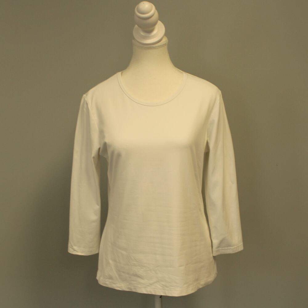 J. McLaughlin White Crew Neck 3/4 Sleeve Signature Tee Size Medium Very Good